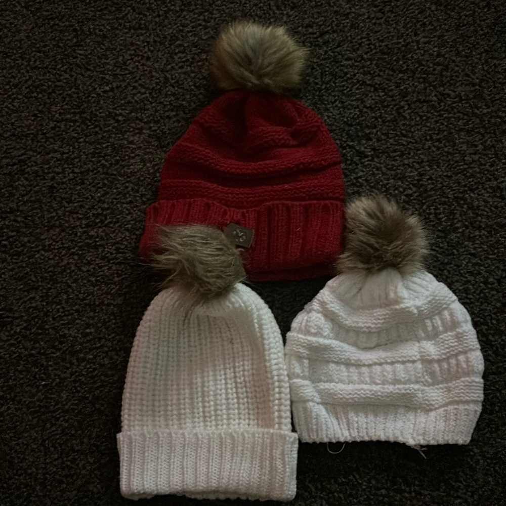 3 (2 white 1 red) winter hats